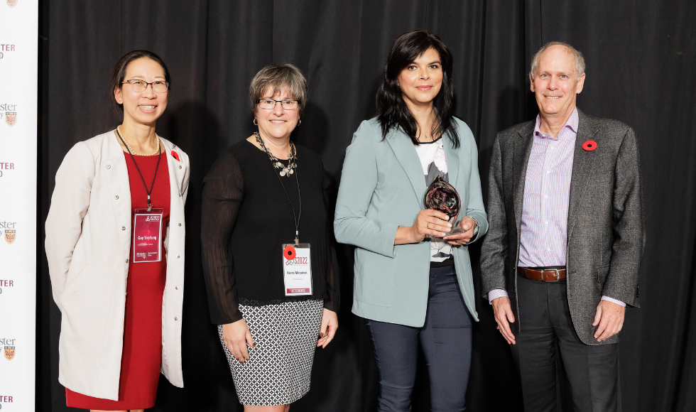 Gina Agarwal is presented the Innovator of the Year award by Gay Yuyitung, executive director of MILO, Karen Mossman, vice-president, research, and David Farrar, president.