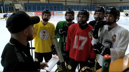 Hockey players standing on the ice talking to their coach