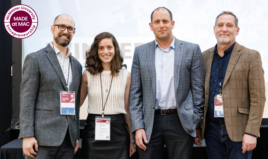 Four smiling people stand side by side. They are Matthew Rosato, Leyla Soleymani, Anthony Rullo and Robert Verhagen. There is a "made at Mac" logo in the top left corner.