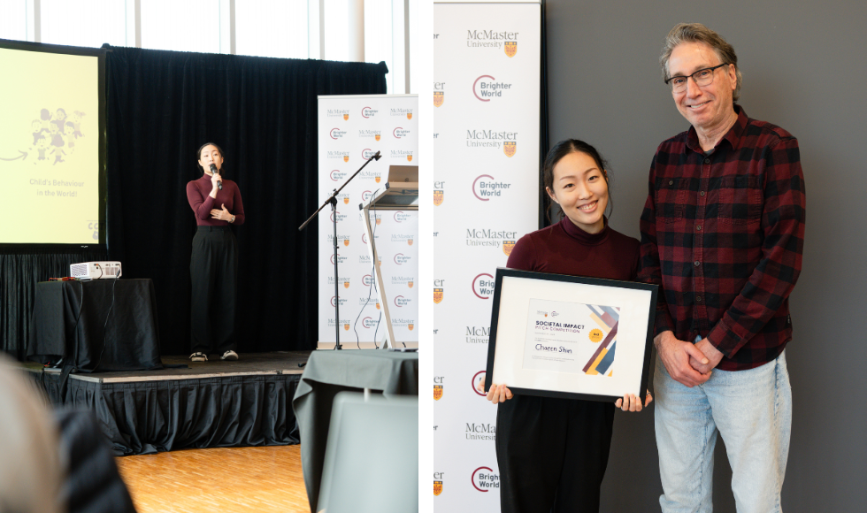 Two pictures together: at left, a student speaking into a microphone on a low stage; at right, the student holding a certificate beside a professor.