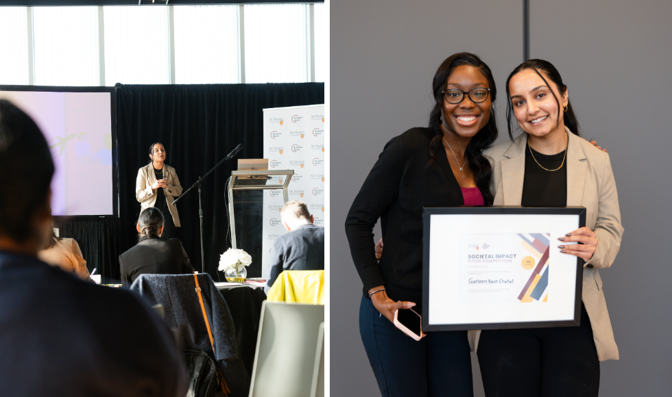 Two pictures, side by side. At left Gurleen Kaur Chahal is speaking into a mic; at right she is holding a certificate in a picture with another person.