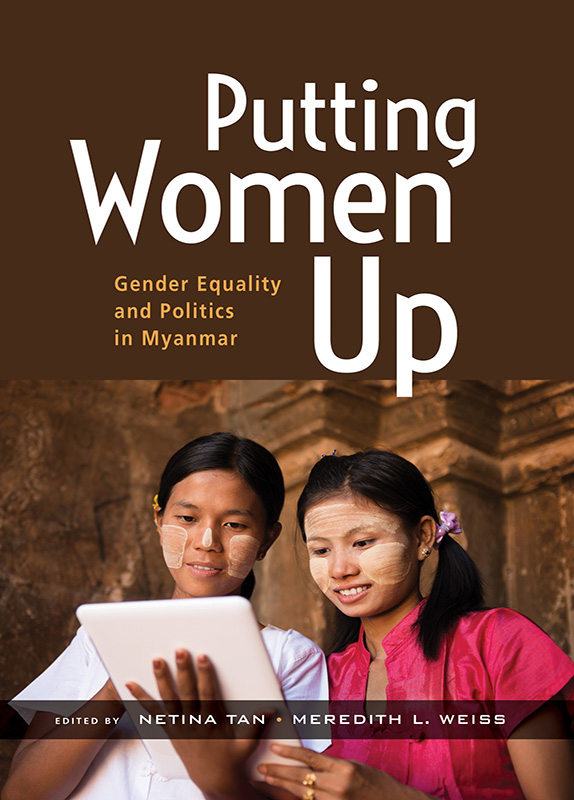 A cover of a book entitled, 'Putting Women Up: Gender Equality and Politics in Myanmar'