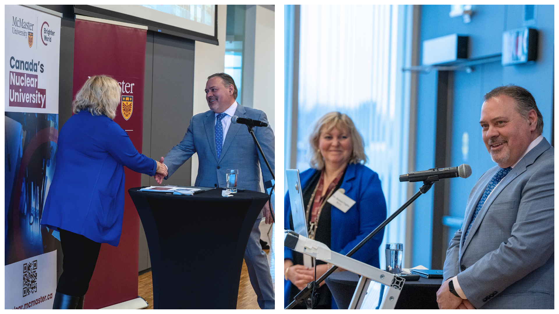 Two pictures arranged side by side. At left, seen from behind, a woman shakes Joe St. Julian's hand in front of a podium and McMaster banners. At right, seen from the front, the woman is Susan Tighe, and she's smiling at Joe St. Julian as he smiles while speaking into the mic.