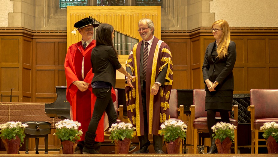 (From left) Dean of Humanities Ken Cruickshank, McMaster President Patrick Deane, and McMaster alumna and Executive Director of the Hamilton Philharmonic Orchestra, Diana Weir, present students with a range of academic and research awards at the Faculty of Humanities 36th Annual Award Assembly, held recently in Convocation Hall.