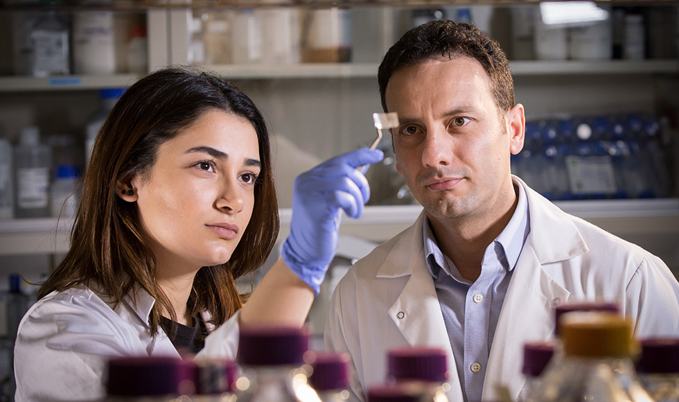 2 researchers holding up a piece of sentinel wrap in tweezers and looking at it.