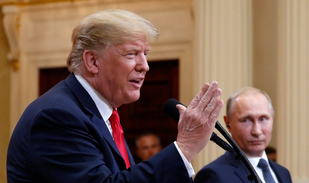 U.S. President Donald Trump speaks during a joint press conference with Russian President Vladimir Putin after their meeting at the Presidential Palace in Helsinki, Finland, on July 16, 2018. Photo by Pablo Martinez Monsivais for the Associated Press