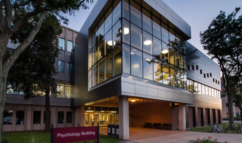 Exterior photo of Psychology Building at twilight.