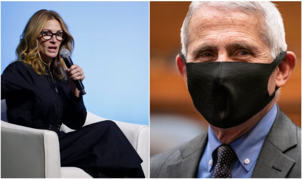 Julia Roberts speaking into a mic, alongside a picture of Dr. Fauci wearing a mask.