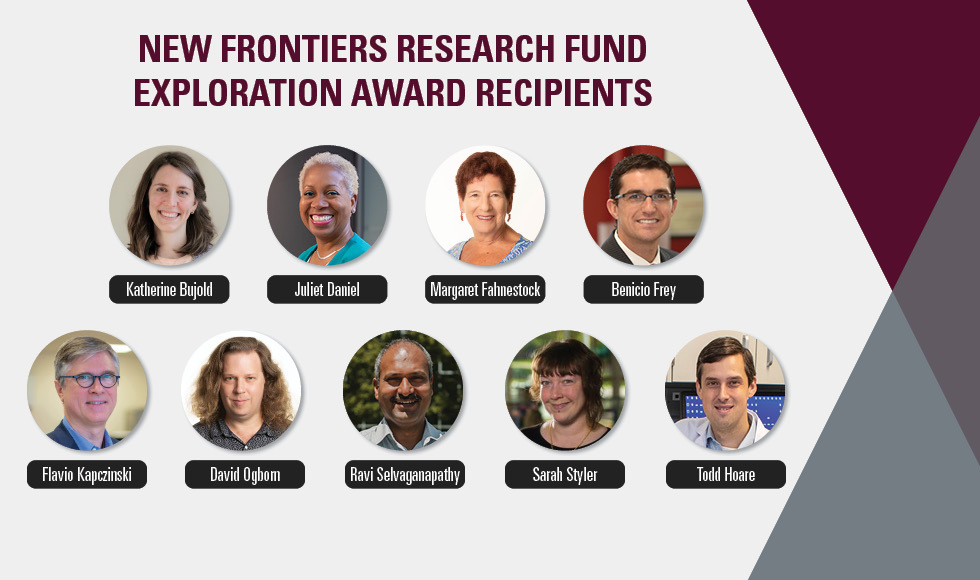 Headshots and names of 9 people, beside text that reads New Frontiers Research Fund Exploration Award recipients.