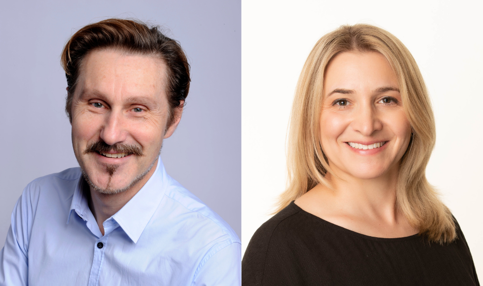 Two headshots sitting side-by-side. On the left is Emile Tompa. He is wearing a light blue dress shirt and smiling at the camera. On the right is a photo of Rebecca Gewurtz. She is wearing a black shirt and smiling at the camera.