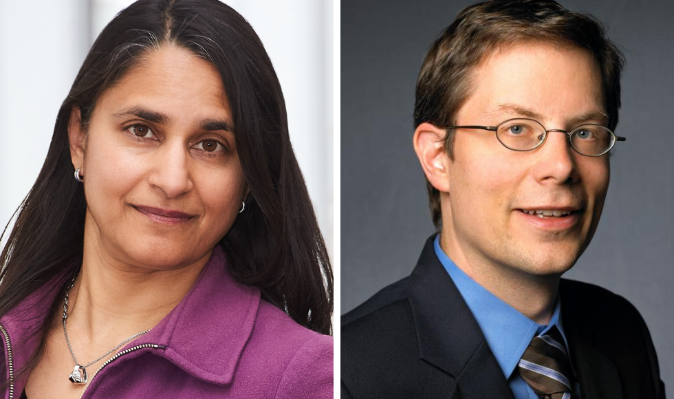 Headshots of a woman and a man