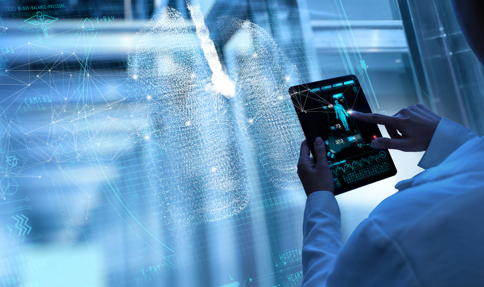 Illustration of hand holding a touchscreen device in front of a computerized rendering of lungs and medical research