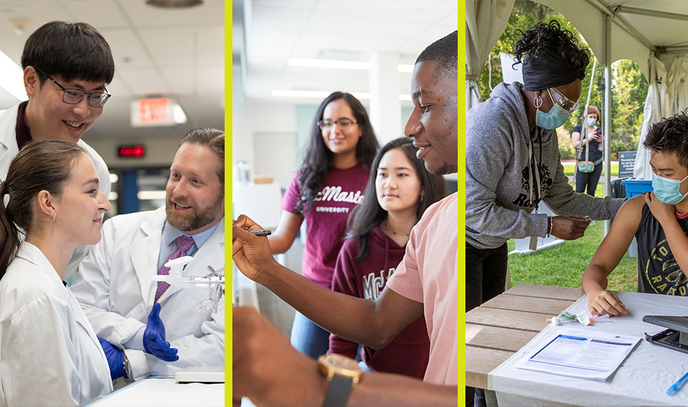 A grid of three photos, one showing researchers in a laboratory, one showing three McMaster students studying and the final one showing someone receiving an injection in their upper arm.