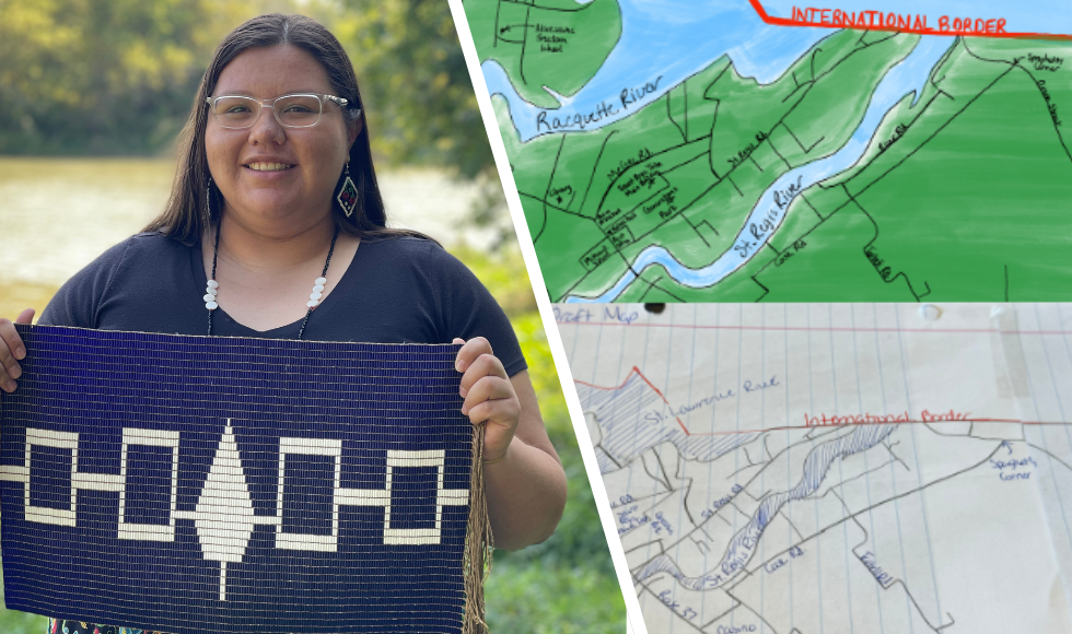 Collage showing Kaeliana Smoke holding up the Hiawatha Belt, alongside images of maps.