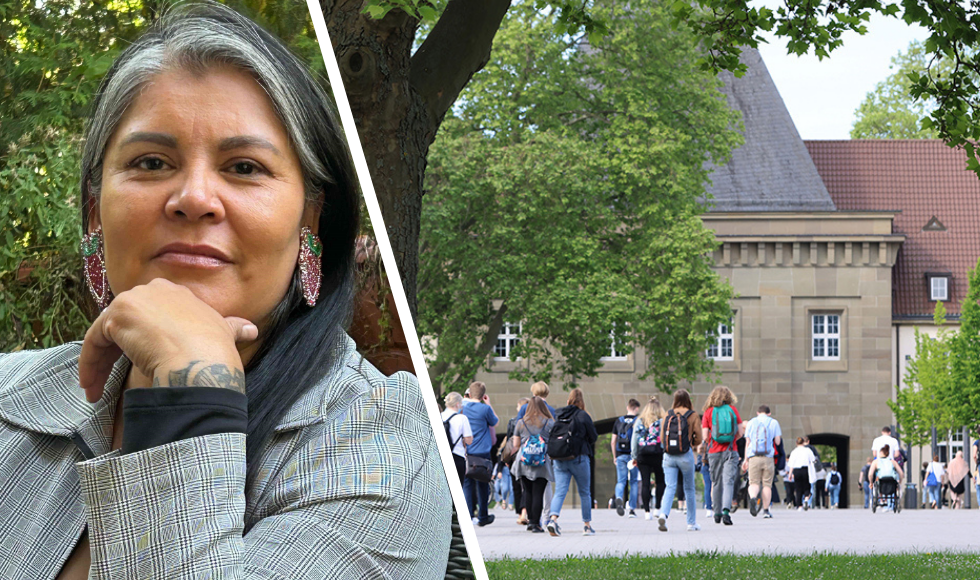 A split image: Renae Watchman at the left and an image of students walking on campus to the right.