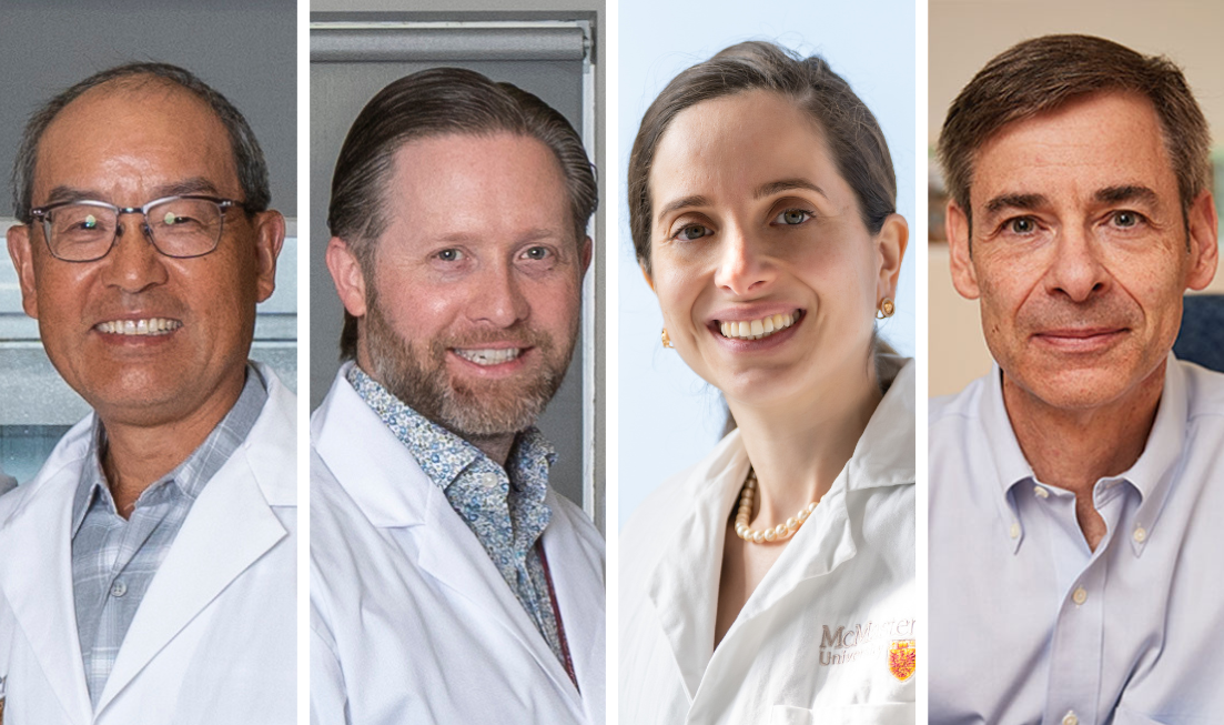 A grid of four headshots — four researchers in lab coats or dress shirts.