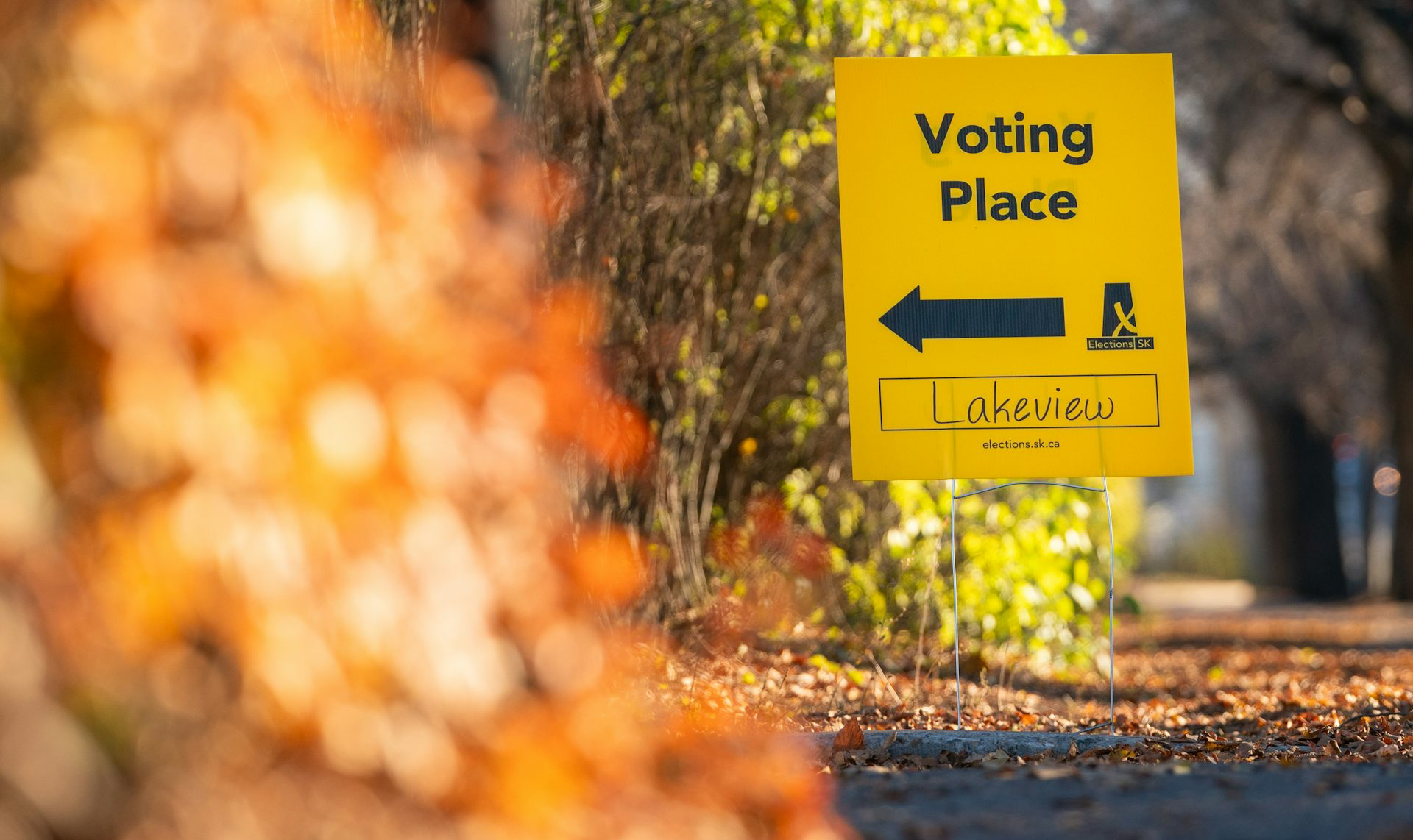 A yellow sign says Voting Place beside autumn foliage.