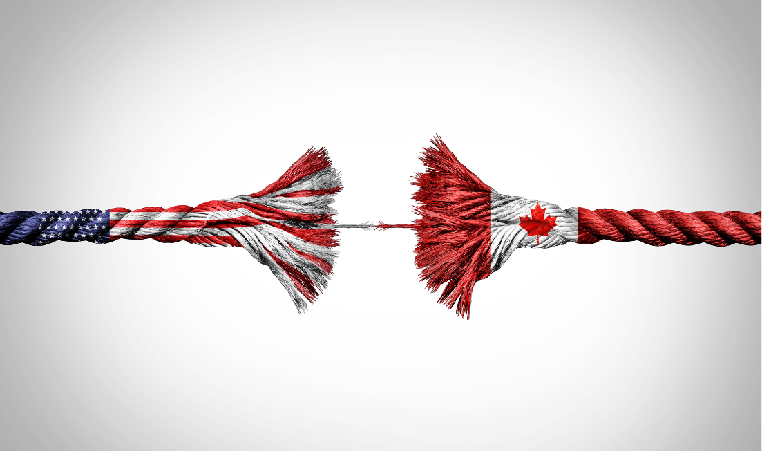 Illustration of a frayed rope with the two sides connected by one fragile thread: one side is patterned with the US flag, the other with the Canadian flag.