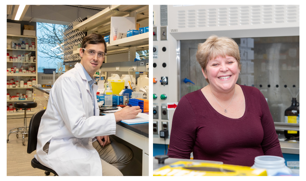 Two headshots, side by side in a grid. On the left is a man in a labcoat working in a lab. On the right is a woman standing in a lab.